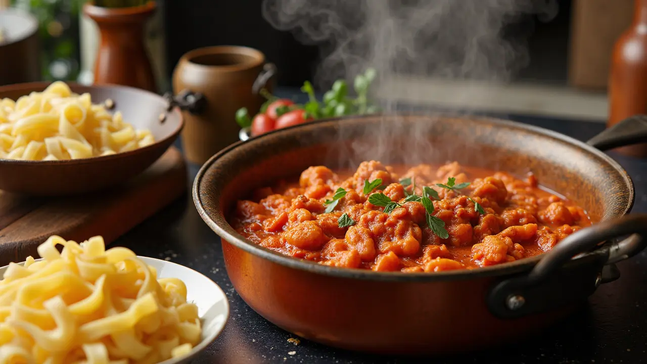 Authentic Bolognese ragù cooking slowly in a copper pot — a mouthwatering symbol of Italy’s culinary heartland among must-visit places in Italy Traditional Bolognese ragù simmering in copper pot with fresh tagliatelle nearby