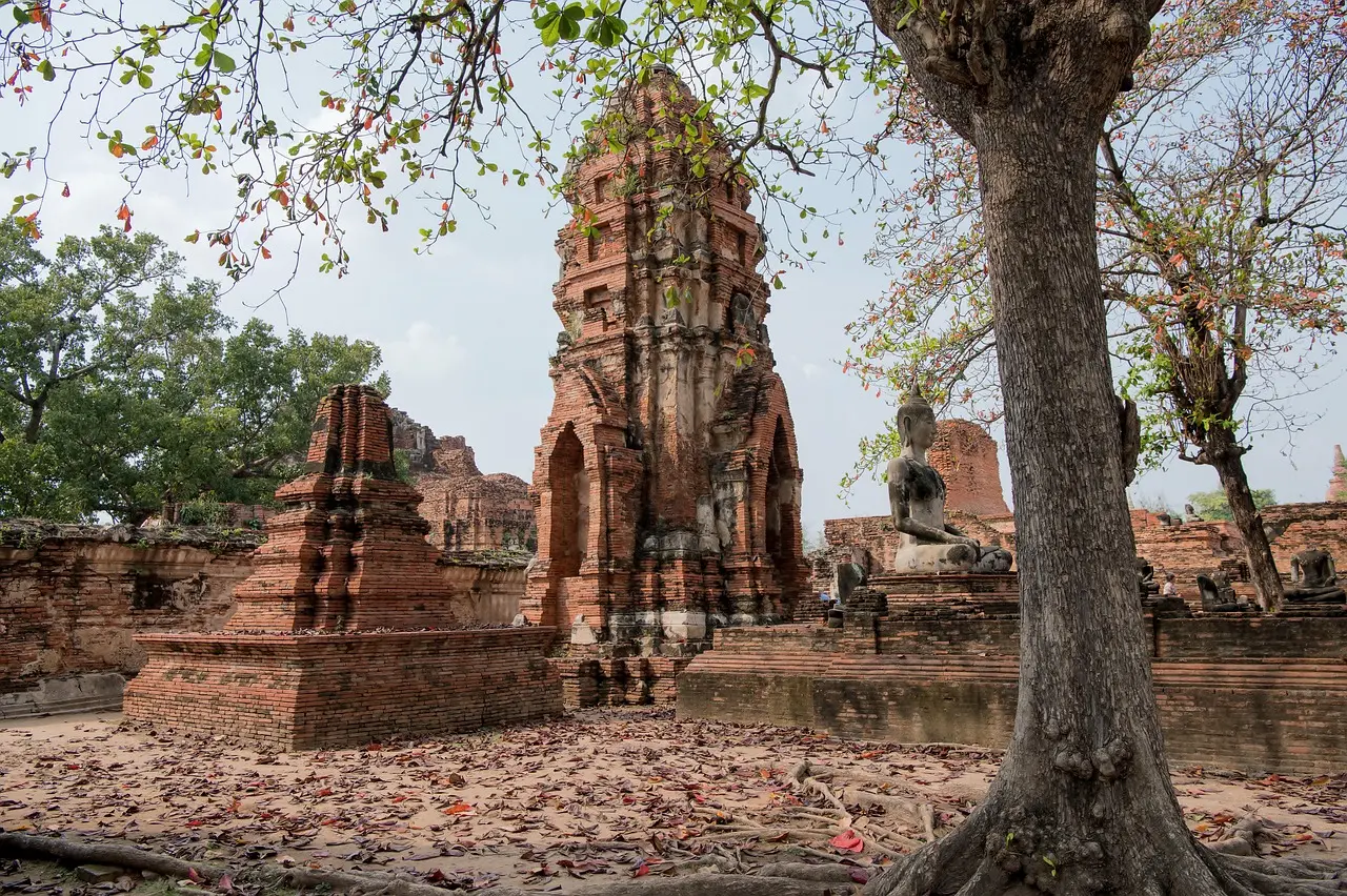 Ancient temple ruins at Ayutthaya Historical Park at golden hour