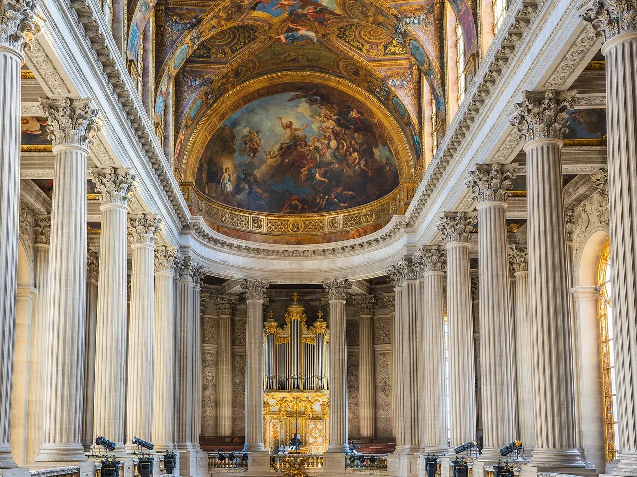 Grand Hall of Mirrors in Versailles Palace with chandeliers