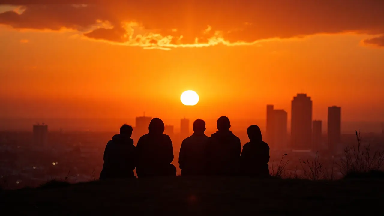 Silhouettes of people watching sunset over London skyline from Primrose Hill