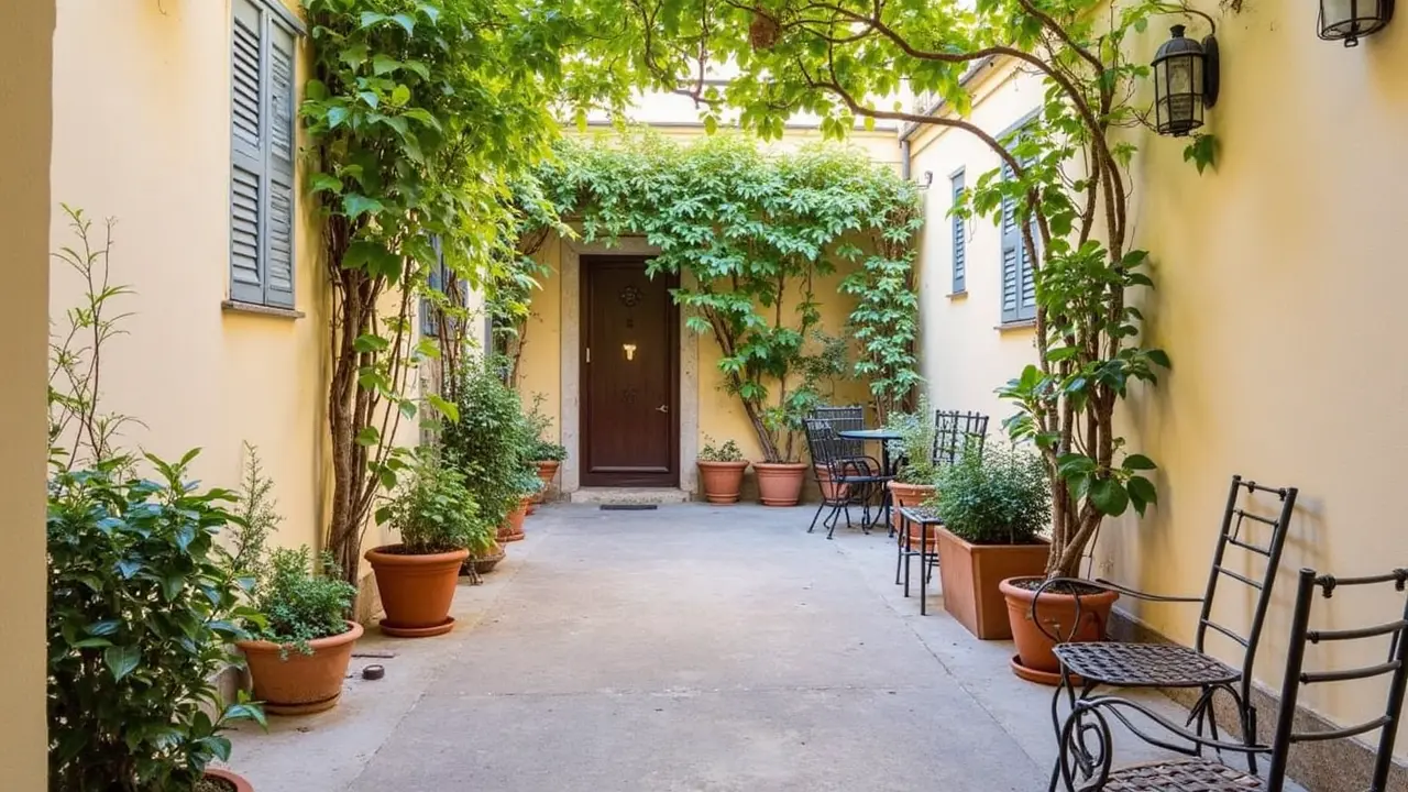 Charming boutique hotel courtyard in Monti district with potted plants and stone walls