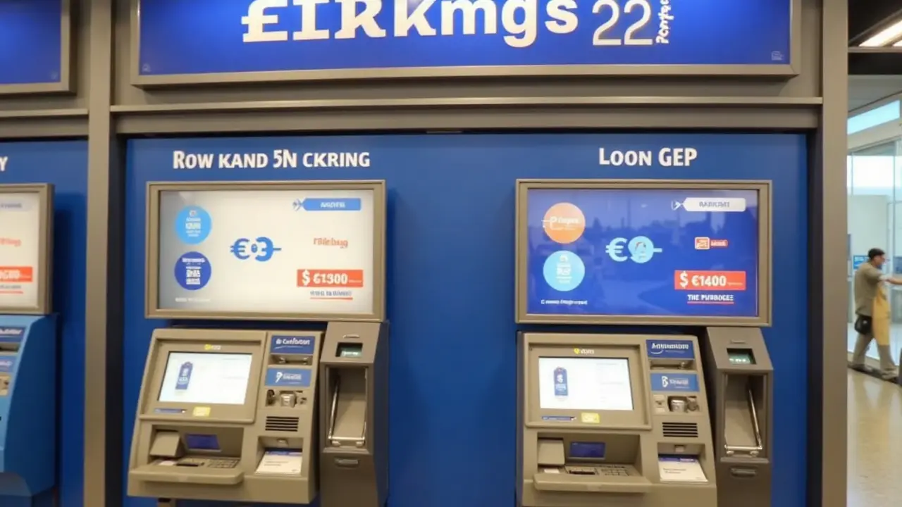 Currency exchange counter at London airport with poor exchange rate signs