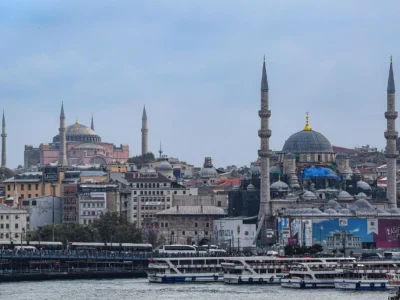 Aerial view of Istanbul showing Hagia Sophia, Blue Mosque, and Bosphorus at sunset