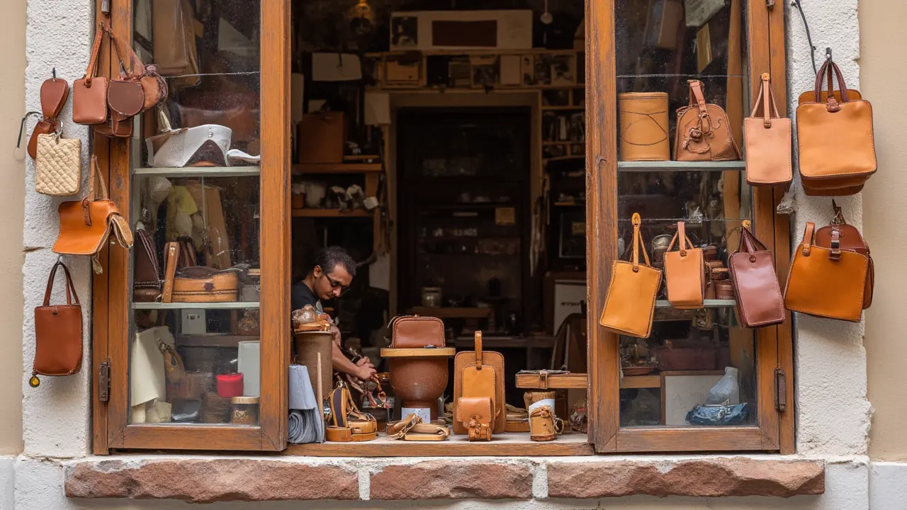 Handmade leather sandals and wallets displayed in artisan shop window in Rome