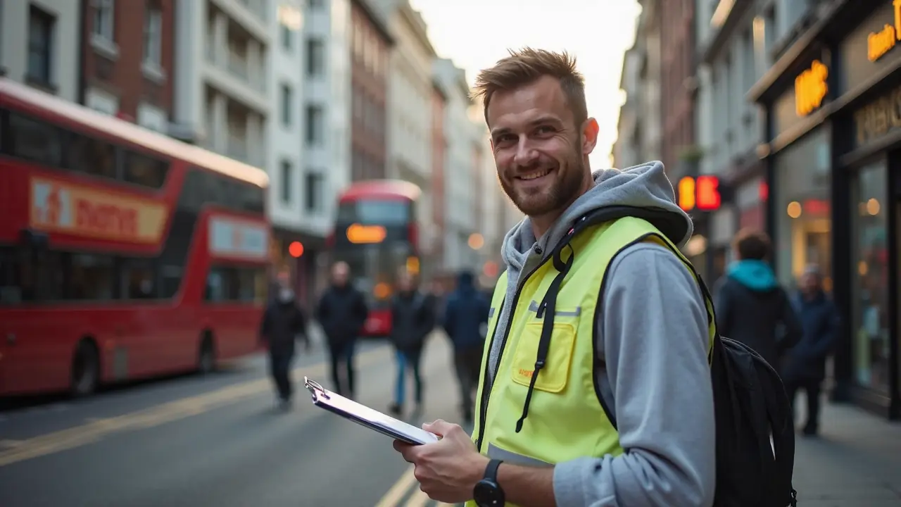 Man in fake charity vest approaching tourist with clipboard near busy London street
