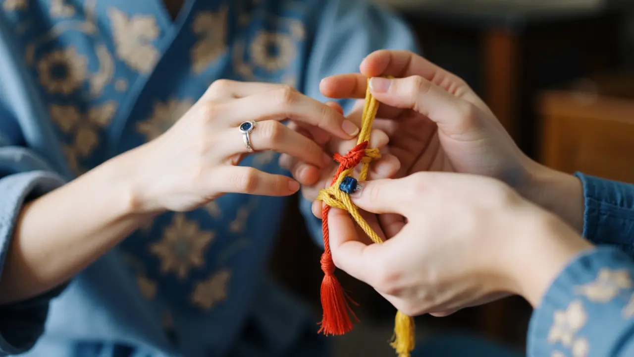 Scammer trying to tie red string on tourist's wrist near Spanish Steps