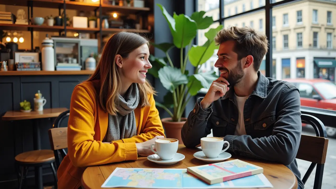 Local Londoner chatting with tourist over coffee at a cozy neighborhood café