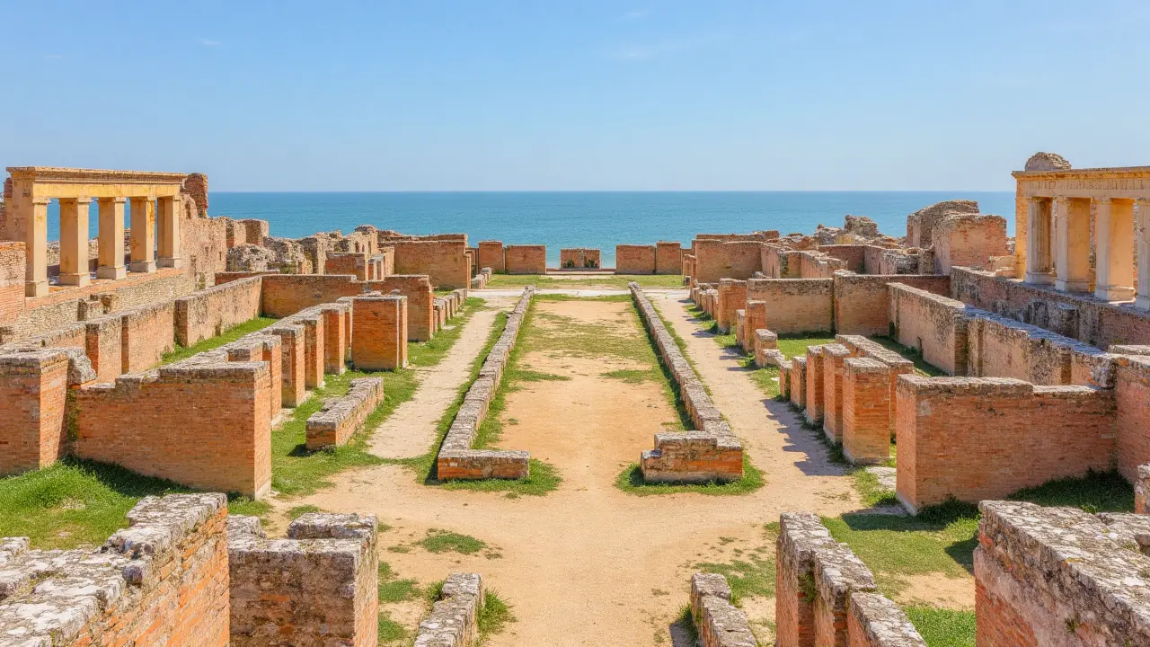Ancient ruins of Ostia Antica with Mediterranean Sea in background, sunny day