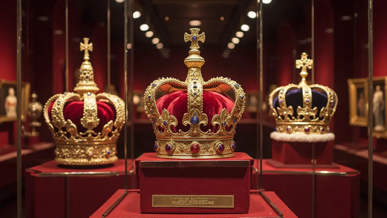 Crown Jewels displayed in glass case at Tower of London