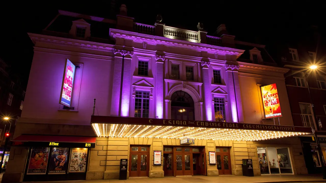 Glittering marquee of a West End theatre at night in London