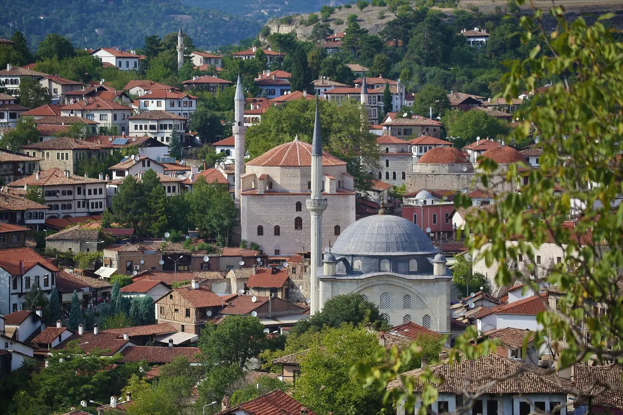 Ottoman-style wooden houses with red roofs in Safranbolu during autumn