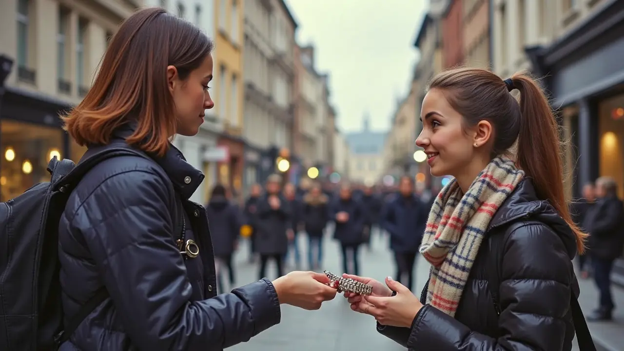 Woman offering free bracelet to tourist who looks uncomfortable in Oxford Street